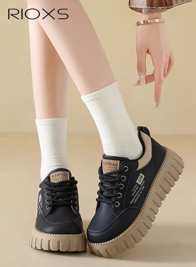 RIOXS Women's Fashion Shoes, Comfort Shoes Low Top Sneakers for Women, 5cm Chunky Platform Sneakers, Classic Lace-up Thick-soled Tennis Shoes, Comfy Brethable Ladies Athlesiure Shoes, Stylish Street-style Shoes, Non-slip Fish Shoes Walking Sneakers for Female, Lady's Platform Retro Sneakers for Dating Work Vacation Daily Wear, Black Casual Footwear - Image 5